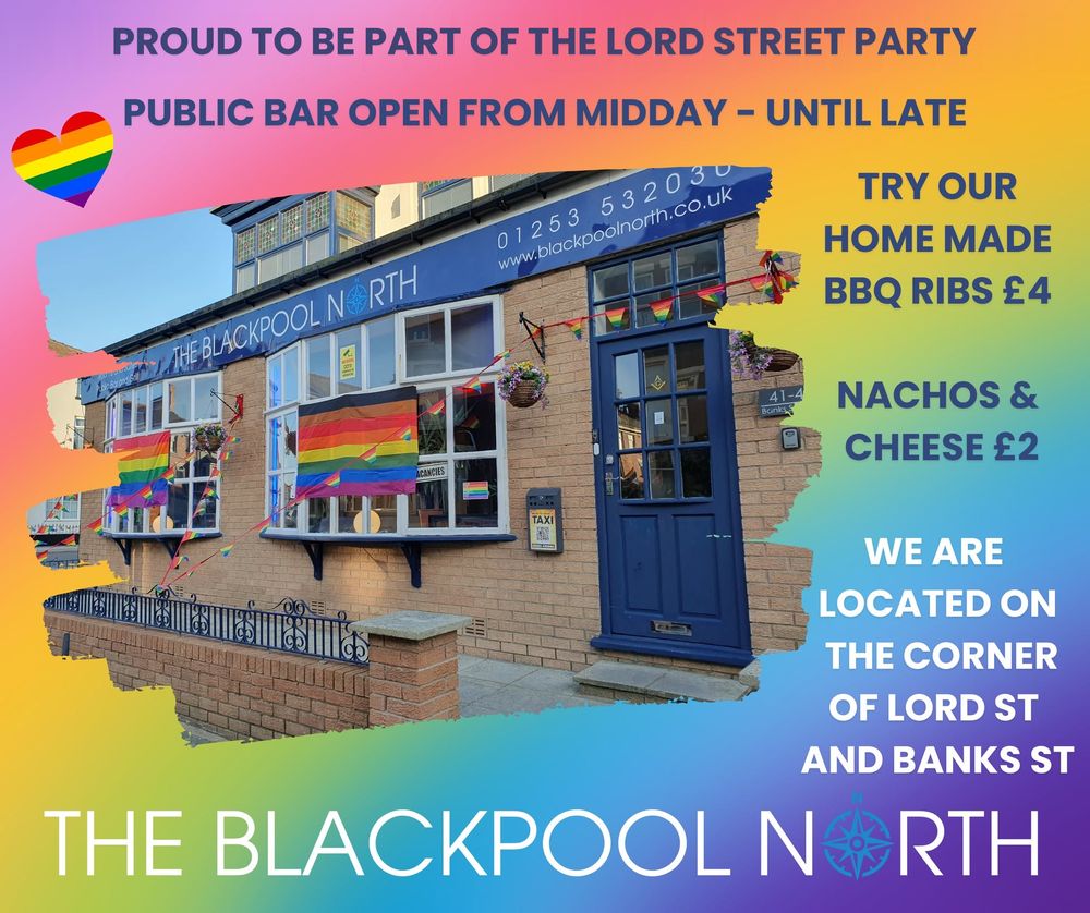 The Blackpool North on the corner of Lord Street and Banks Street, decorated with Pride and Progress Pride flags and rainbow bunting